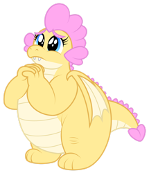 Size: 1600x1863 | Tagged: safe, artist:aleximusprime, oc, oc:buttercream, oc:buttercream the dragon, dragon, flurry heart's story, big eyes, chubby, cute, dilated pupils, dragon oc, dragoness, fat, female, please, simple background, solo, transparent background