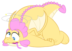 Size: 1280x903 | Tagged: safe, artist:aleximusprime, oc, oc:buttercream, oc:buttercream the dragon, dragon, flurry heart's story, chubby, derp, dizzy, dragon oc, dragoness, fat, female, forked tongue, heart shaped, injured, lying down, simple background, solo, stars, tongue out, transparent background, tripped