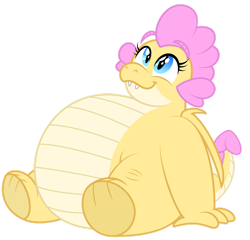 Size: 1280x1228 | Tagged: safe, artist:aleximusprime, oc, oc:buttercream, oc:buttercream the dragon, dragon, flurry heart's story, adorafatty, belly, big belly, chubby, cute, cute little fangs, dragon oc, dragoness, fangs, fat, female, heart shaped, looking up, simple background, sitting, smiling, solo, stargazing, transparent background