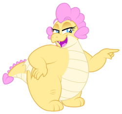 Size: 1600x1489 | Tagged: safe, artist:aleximusprime, oc, oc:buttercream, oc:buttercream the dragon, dragon, flurry heart's story, chubby, cute, dragon oc, dragoness, fat, female, hand on hip, i see what you did there, pointing, sassy, simple background, solo, teasing, transparent background