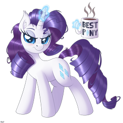 Size: 4000x4000 | Tagged: safe, artist:ziemniax, rarity, pony, unicorn, g4, absurd resolution, best pony, blushing, coffee, coffee mug, ear fluff, female, glowing, glowing horn, horn, looking at you, magic, mare, messy hair, messy mane, mug, signature, simple background, solo, telekinesis, transparent background