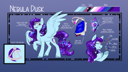 Size: 2048x1166 | Tagged: safe, artist:cosmalumi, oc, oc only, oc:nebula dusk, pegasus, pony, crystalline hair, female, gradient background, looking at you, mare, raised hoof, reference sheet, smiling, smiling at you, solo, spread wings, unshorn fetlocks, wings