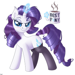 Size: 4000x4000 | Tagged: safe, alternate version, artist:ziemniax, rarity, pony, unicorn, g4, absurd resolution, best pony, blushing, clothes, coffee, coffee mug, ear fluff, female, glowing, glowing horn, horn, looking at you, magic, mare, messy hair, messy mane, mug, signature, simple background, solo, stockings, telekinesis, thigh highs, transparent background