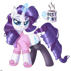 Size: 4000x4000 | Tagged: safe, alternate version, artist:ziemniax, rarity, pony, unicorn, g4, absurd resolution, bathrobe, best pony, blushing, clothes, coffee, coffee mug, ear fluff, female, glowing, glowing horn, horn, looking at you, magic, mare, messy hair, messy mane, mug, robe, signature, simple background, slippers, solo, stockings, telekinesis, thigh highs, transparent background