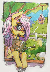 Size: 1280x1856 | Tagged: safe, artist:bantha, fluttershy, pegasus, pony, g4, bird house, blushing, female, garden, looking at you, mare, markers, mouth hold, solo, traditional art, tree, watering can