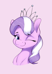 Size: 1602x2253 | Tagged: safe, artist:aquaticvibes, diamond tiara, earth pony, pony, g4, bust, cute, diamondbetes, female, filly, foal, jewelry, one eye closed, pink background, simple background, smiling, solo, tiara, wink