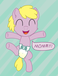 Size: 1135x1500 | Tagged: safe, artist:cleverround, oc, oc only, oc:puppysmiles, pony, cute, dialogue, diaper, ear fluff, eyes closed, female, fetish, filly, foal, happy, heart, looking at you, open mouth, raised leg, smiling, solo, standing, standing on one leg, underhoof, urine, wet diaper