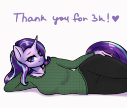 Size: 1080x926 | Tagged: safe, artist:yutakira92, edit, starlight glimmer, unicorn, anthro, g4, breasts, busty starlight glimmer, clothes, draw me like one of your french girls, female, floating heart, hand on hip, heart, horn, leggings, looking at you, lying down, milestone, milestone celebration, on side, sfw edit, simple background, smiling, smiling at you, solo, sweater, text, white background, wide hips