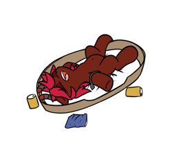 Size: 903x741 | Tagged: safe, artist:neuro, oc, oc only, demon, demon pony, lying down, on back, open mouth, pet bed, simple background, sleeping, solo, transparent background