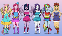 Size: 800x470 | Tagged: safe, artist:gugunet-26, applejack, fluttershy, pinkie pie, rainbow dash, rarity, twilight sparkle, human, equestria girls, g4, my little pony equestria girls, boots, cowboy hat, fall formal outfits, hat, high heel boots, humanized, kisekae, shoes