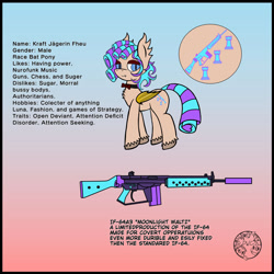 Size: 1024x1024 | Tagged: safe, artist:dice-warwick, oc, oc:kraft rook castle fheu, bat pony, fallout equestria, bowtie, curly hair, curly mane, femboy, gun, if-64, male, rifle, stallion, weapon