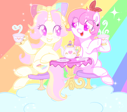 Size: 4068x3582 | Tagged: safe, artist:memengla, oc, oc only, pegasus, pony, unicorn, bow, cup, duo, eye clipping through hair, hair bow, table, teacup, teapot