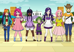 Size: 800x566 | Tagged: safe, artist:shannaheart, applejack, fluttershy, pinkie pie, rainbow dash, rarity, spike, twilight sparkle, human, g4, belt, boots, clothes, cowboy boots, cowboy hat, dark skin, hat, horn, horned humanization, humanized, jeans, kisekae, mane seven, mane six, pants, shoes, socks, stockings, striped socks, thigh highs, winged humanization, wings