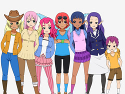 Size: 1024x768 | Tagged: safe, artist:jawolfadultishart, applejack, fluttershy, pinkie pie, rainbow dash, rarity, scootaloo, twilight sparkle, human, g4, boots, clothes, cowboy boots, cowboy hat, dark skin, hands behind back, hat, humanized, jeans, kisekae, mane six, moderate dark skin, pants, shoes, socks, stockings, striped socks, thigh highs, winged humanization, wings