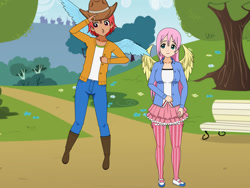 Size: 1024x768 | Tagged: safe, artist:jawolfadultishart, fluttershy, rainbow dash, human, g4, boots, clothes, clothes swap, cowboy boots, cowboy hat, duo, hat, humanized, jeans, kisekae, pants, shoes, winged humanization, wings