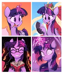 Size: 2480x2924 | Tagged: safe, artist:fanzeem, twilight sparkle, alicorn, pony, unicorn, g4, bag, big crown thingy, book, candle, confetti, cute, element of magic, eyes closed, female, frown, glasses, glowing, glowing horn, grin, high res, hoof hold, horn, jewelry, levitation, looking at you, magic, mare, messy mane, mouth hold, open mouth, paper, pencil, pencil in mouth, regalia, saddle bag, shrunken pupils, smile and wave, smiling, smoke, solo, spread wings, telekinesis, throne, twiabetes, twilight sparkle (alicorn), underhoof, unicorn twilight, unshorn fetlocks, waving, wide eyes, wings