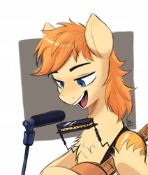 Size: 1737x2048 | Tagged: safe, artist:fanzeem, oc, oc only, oc:haymaker, earth pony, pony, acoustic guitar, bust, guitar, harmonica, male, microphone, musical instrument, open mouth, singing, solo, stallion, three quarter view, unshorn fetlocks