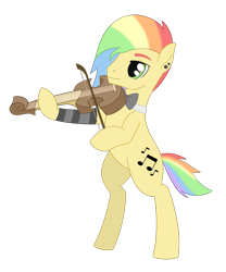 Size: 1850x2220 | Tagged: safe, alternate version, artist:dyonys, oc, oc:rainbow sound, bipedal, bowtie, ear piercing, multicolored hair, musical instrument, piercing, rainbow hair, simple background, transparent background, violin