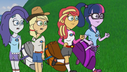 Size: 1280x720 | Tagged: safe, applejack, rarity, sci-twi, sunset shimmer, twilight sparkle, equestria girls, g4, bag, camp everfree outfits, eddy misbehaves at camp goville, female, goanimate, grass, lesbian, open mouth, roblox, running, ship:rarijack, ship:sci-twishimmer, ship:sunsetsparkle, shipping, shocked, shocked expression, turned head