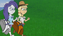 Size: 1280x720 | Tagged: safe, applejack, rarity, equestria girls, g4, bag, camp everfree outfits, eddy misbehaves at camp goville, female, goanimate, grass, lesbian, roblox, running, ship:rarijack, shipping
