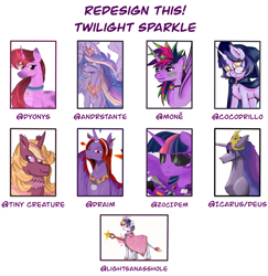 Size: 2813x2890 | Tagged: safe, artist:andrstante, artist:coco-drillo, artist:draim, artist:dyonys, artist:icarus, artist:lightisanasshole, artist:mone, artist:tinycreature, artist:zocidem, twilight sparkle, alicorn, classical unicorn, crystal pony, pony, unicorn, g4, accessory, alternate design, augmented, cloak, clothes, cloven hooves, crown, crystal horn, fluffy, hat, high res, horn, jewelry, leonine tail, mecha, necklace, redesign, regalia, staff, unshorn fetlocks, witch hat