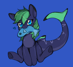 Size: 1836x1684 | Tagged: safe, artist:fernfalls, oc, oc:middy, fish, original species, pony, shark, shark pony, blue background, mouth hold, plushie, simple background, solo