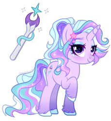 Size: 1159x1267 | Tagged: safe, artist:gihhbloonde, oc, pony, unicorn, closed mouth, colored hooves, eyeshadow, female, gradient legs, hairclip, horn, magical lesbian spawn, makeup, mare, offspring, parent:starlight glimmer, parent:trixie, parents:startrix, ponytail, purple eyes, raised hoof, simple background, smiling, solo, sparkly mane, sparkly tail, standing, tail, transparent background, unicorn oc, unshorn fetlocks