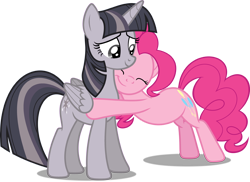 Size: 4096x2983 | Tagged: safe, artist:shutterflyyay, artist:wardex101, edit, pinkie pie, twilight sparkle, alicorn, earth pony, pony, equestria girls, g4, my little pony equestria girls: rainbow rocks, :t, cute, diapinkes, discorded, discorded twilight, duo, duo female, eyes closed, female, folded wings, high res, hooves, horn, hug, mare, pink mane, pink tail, shadow, simple background, smiling, standing, tail, transparent background, twiabetes, twilight sparkle (alicorn), twilight tragedy, vector, wings