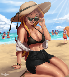 Size: 2200x2480 | Tagged: safe, artist:nire, adagio dazzle, aria blaze, rainbow dash, sci-twi, sonata dusk, sunset shimmer, twilight sparkle, equestria girls, g4, alcohol, beach, beach ball, belly button, bikini, bow, bra, bracelet, breasts, busty sunset shimmer, cleavage, clothes, cocktail, crepuscular rays, drink, geode of empathy, glasses, hat, high res, jewelry, looking at you, magical geodes, nail polish, one eye closed, open mouth, sarong, selfie, shirt, shorts, smiling, smiling at you, spiked wristband, sunglasses, swimsuit, tan lines, tan skin, tanned, the dazzlings, underwear, wink, winking at you, wristband