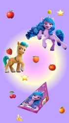 Size: 828x1472 | Tagged: safe, hitch trailblazer, izzy moonbow, earth pony, pony, unicorn, g5, my little pony: a new generation, official, 2d, 3d, advertisement, apple, ball, banana, cherry, food, happy, instagram, izzy's tennis ball, juice, looking at you, merchandise, peach, raised hoof, russia, smiling, smiling at you, social media, stars, suspecting, tangerine, tennis ball, tomato