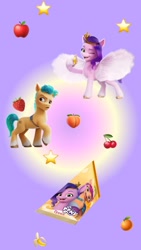 Size: 828x1472 | Tagged: safe, hitch trailblazer, pipp petals, sunny starscout, earth pony, pegasus, pony, g5, my little pony: a new generation, official, 2d, 3d, advertisement, apple, banana, cherry, cyrillic, food, instagram, instagram story, juice, looking at you, one eye closed, peach, pear, phone, raised hoof, russia, russian, social media, stars, suspecting, tangerine, tomato, wink, winking at you