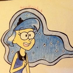 Size: 640x640 | Tagged: safe, artist:themuffinartist, princess luna, human, clothes, crossover, crown, dress, gravity falls, humanized, jewelry, regalia, smiling, solo, style emulation, traditional art