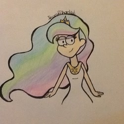 Size: 640x640 | Tagged: safe, artist:themuffinartist, princess celestia, human, clothes, crossover, crown, dress, eyeshadow, gravity falls, humanized, jewelry, makeup, regalia, smiling, solo, style emulation, traditional art