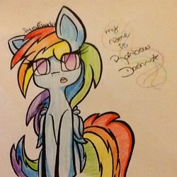 Size: 640x640 | Tagged: safe, artist:themuffinartist, rainbow dash, pegasus, pony, one ear down, solo, text, traditional art