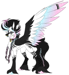 Size: 1704x1872 | Tagged: safe, artist:beamybutt, oc, oc only, pegasus, pony, choker, hoof fluff, offspring, parent:king sombra, parent:princess celestia, parents:celestibra, pegasus oc, simple background, solo, starry wings, transparent background, wings