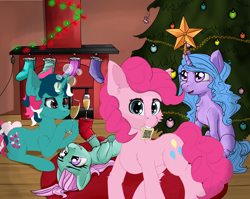 Size: 5000x3984 | Tagged: safe, artist:aquamuro, artist:uteuk, fizzy, izzy moonbow, minty, pinkie pie, earth pony, pony, unicorn, g1, g3, g4, g5, my little pony: a new generation, alcohol, champagne, champagne glass, christmas, christmas tree, clothes, fireplace, garland, holiday, qr code, socks, stars, tree, wine