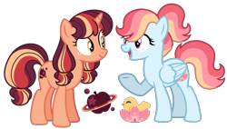 Size: 1835x1043 | Tagged: safe, artist:strawberry-spritz, oc, oc only, pegasus, pony, unicorn, duo, duo female, eye contact, female, folded wings, freckles, full body, hooves, horn, looking at each other, looking at someone, magical lesbian spawn, mare, multicolored mane, multicolored tail, offspring, open mouth, open smile, orange eyes, parent:applejack, parent:fluttershy, parent:rainbow dash, parent:twilight sparkle, parents:flutterdash, parents:twijack, pegasus oc, raised hoof, show accurate, simple background, smiling, standing, tail, transparent background, unicorn oc, wings