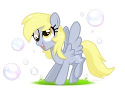 Size: 1159x835 | Tagged: safe, artist:kaikururu, derpy hooves, pegasus, pony, g4, bubble, cute, derpabetes, eyelashes, female, flower, grass, mare, simple background, smiling, solo, transparent background, wings