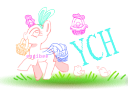 Size: 1600x1200 | Tagged: safe, artist:kaikururu, oc, oc only, pony, basket, bunny ears, commission, easter egg, eyelashes, mouth hold, simple background, smiling, solo, white background, wing hands, wing hold, wings, your character here