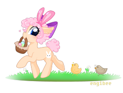 Size: 1600x1200 | Tagged: safe, artist:kaikururu, oc, oc only, bird, chicken, pony, bunny ears, commission, easter egg, eyelashes, female, mare, mouth hold, simple background, smiling, solo, transparent background, ych result