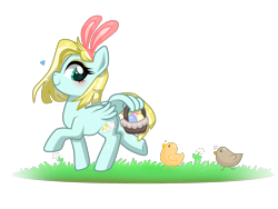 Size: 1600x1200 | Tagged: safe, artist:kaikururu, oc, oc only, bird, chicken, pegasus, pony, bunny ears, commission, easter egg, eyelashes, female, mare, pegasus oc, simple background, smiling, solo, transparent background, wing hands, wing hold, wings, ych result