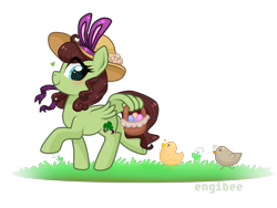 Size: 1600x1200 | Tagged: safe, artist:kaikururu, oc, oc only, bird, chicken, pegasus, pony, bunny ears, commission, easter egg, eyelashes, female, hat, mare, pegasus oc, simple background, smiling, solo, sun hat, transparent background, wing hands, wing hold, wings, ych result