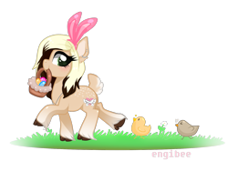Size: 1600x1200 | Tagged: safe, artist:kaikururu, oc, oc only, bird, chicken, earth pony, pony, bunny ears, commission, easter egg, eyelashes, female, mare, mouth hold, simple background, smiling, solo, transparent background, unshorn fetlocks, ych result