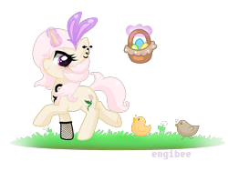 Size: 1600x1200 | Tagged: safe, artist:kaikururu, oc, oc only, bird, chicken, pony, unicorn, bunny ears, commission, ear piercing, earring, easter egg, eyelashes, female, fishnet stockings, glowing, glowing horn, horn, jewelry, magic, mare, piercing, simple background, smiling, solo, telekinesis, transparent background, unicorn oc, ych result