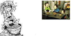 Size: 1586x809 | Tagged: safe, artist:porcelanowyokular, oc, oc only, earth pony, anthro, basket, earth pony oc, food, pasta, screencap reference, simple background, somebody toucha my spaghet, spaghetti, white background