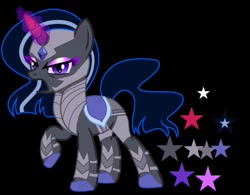 Size: 1128x881 | Tagged: safe, artist:teonnakatztkgs, oc, oc only, pony, unicorn, angry, base used, black background, eyelashes, female, horn, makeup, mare, raised hoof, reference sheet, simple background, smiling, solo, stars, unicorn oc