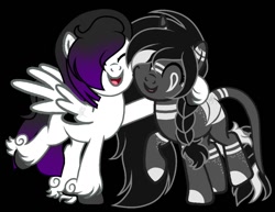 Size: 1004x774 | Tagged: safe, artist:teonnakatztkgs, oc, oc only, pegasus, pony, unicorn, base used, black background, braid, duo, eyes closed, hoof fluff, horn, pegasus oc, simple background, smiling, unicorn oc