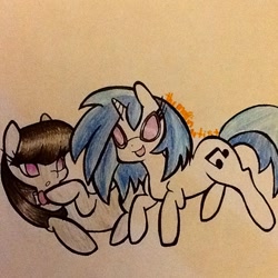 Size: 640x640 | Tagged: safe, artist:themuffinartist, dj pon-3, octavia melody, vinyl scratch, earth pony, unicorn, :o, collar, no pupils, open mouth, smiling, sunglasses, traditional art
