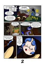 Size: 2481x3508 | Tagged: safe, artist:memprices, oc, oc only, oc:alice feather, oc:corny bell, pony, unicorn, comic:metamorphosis, cape, chase, clothes, comic, guard, high res, hoodie, magic, narration, oc name needed, royal guard, speech bubble