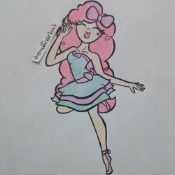 Size: 640x640 | Tagged: safe, artist:themuffinartist, pinkie pie, human, :p, bow, clothes, dress, eyes closed, hair bow, humanized, peace sign, shoes, solo, tongue out